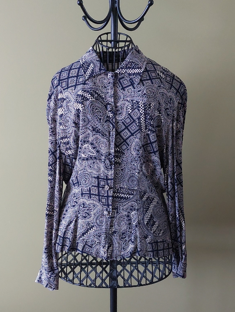 Women's Navy and White Printed Button-Up Blouse